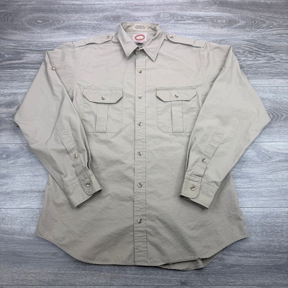 Vintage Banana Republic Safari Shirt Mens Large Khaki Utility Epaulet Roll Tab